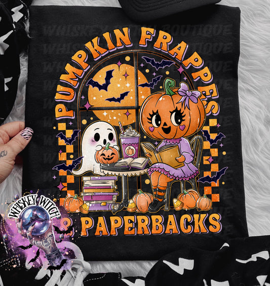 Pumpkin Frappes and Paperbacks Shirt | Cute Halloween Ghost & Pumpkin T-Shirt | Spooky Fall Coffee Book Lover Tee | Retro Autumn Graphic Shi