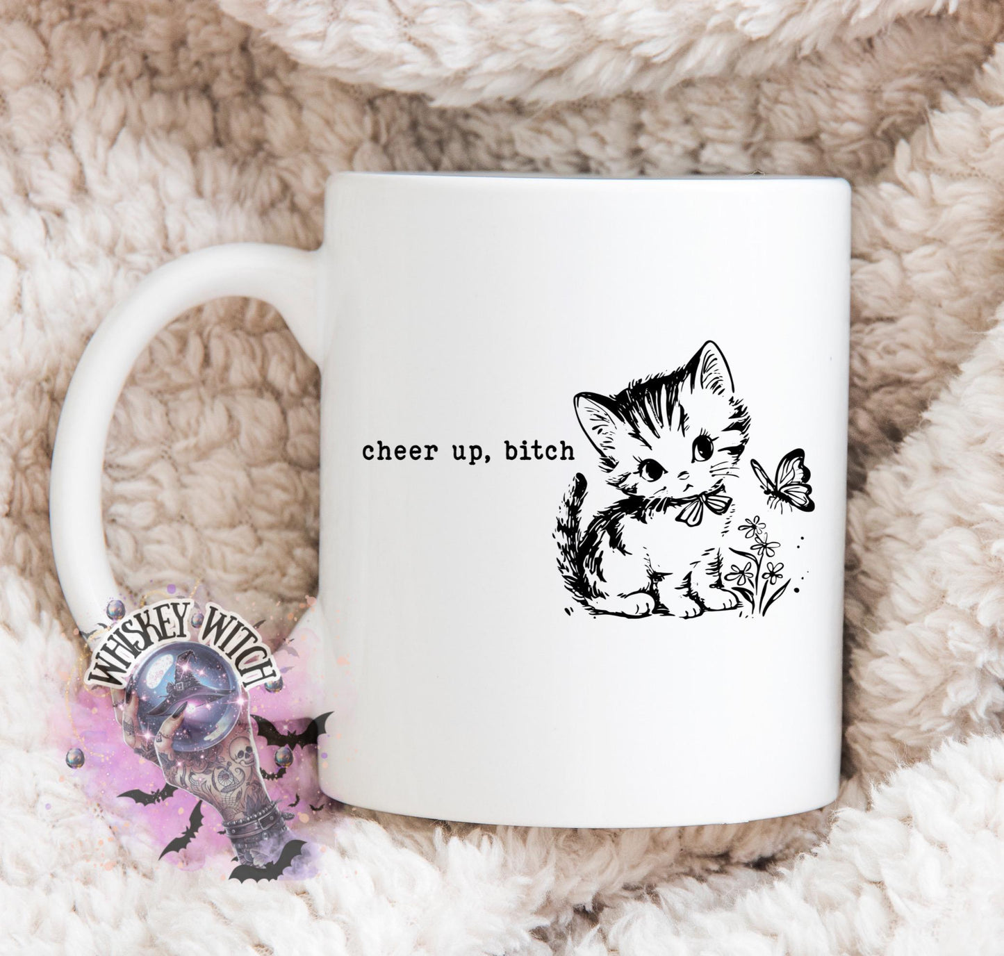 Cheer Up B Mug | Funny Cat Coffee Mug | Sarcastic Gift for Friends | Cute Vintage Kitty Cup | Dark Humor Ceramic Mug | Whiskey Witch
