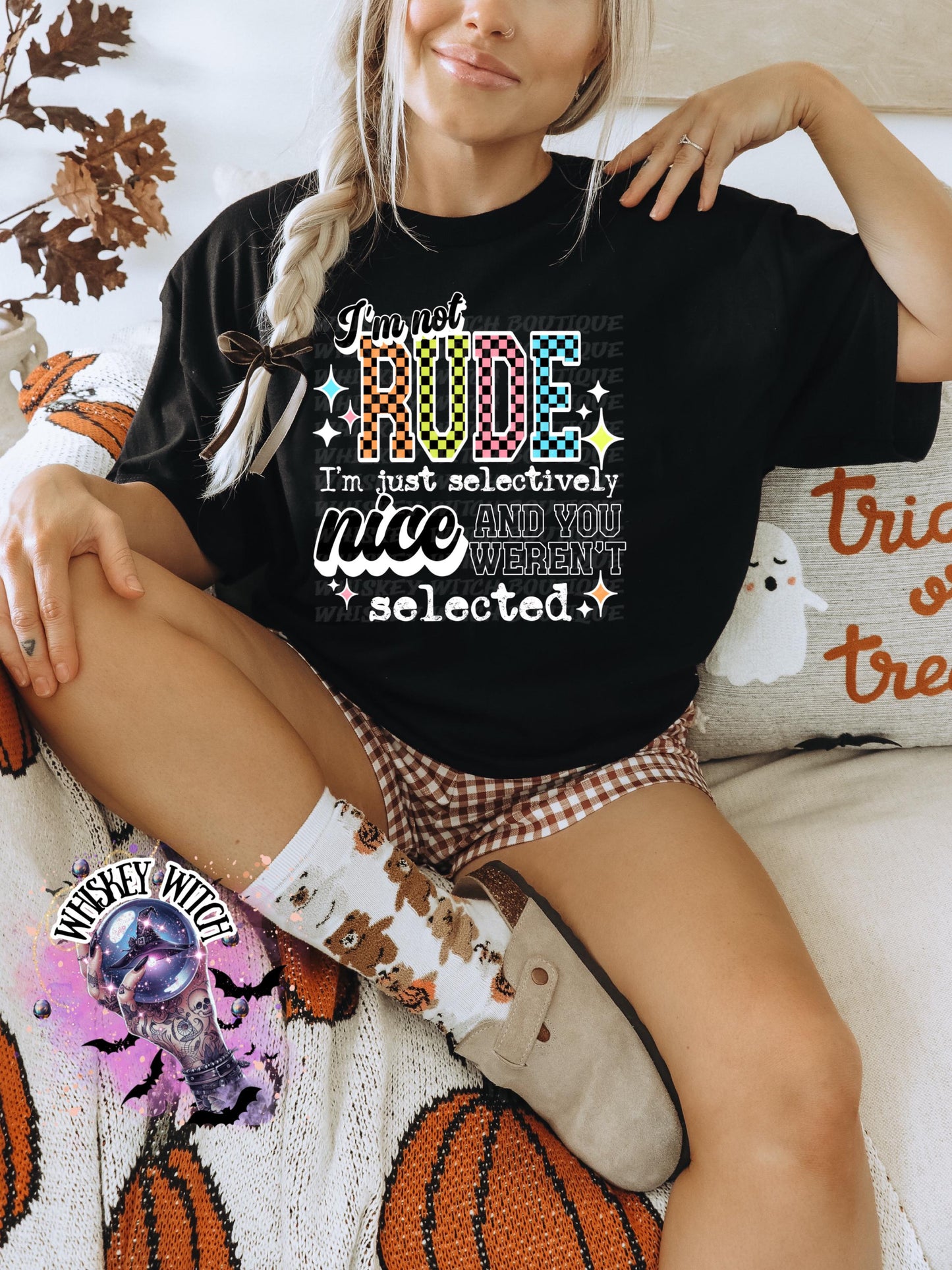 I’m Not Rude I’m Selectively Nice Shirt | Funny Graphic Tee | Retro Checkered Print Sweatshirt | Sassy Quote Shirt for Women | Trendy Cotton