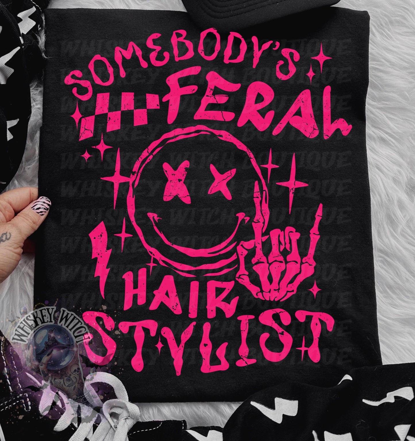 Somebody’s Feral Hair Stylist Shirt | Funny Hairdresser Tee or Sweatshirt | Neon Pink Grunge Graphic Top | Stylist Gift | Rocker Hair Salon