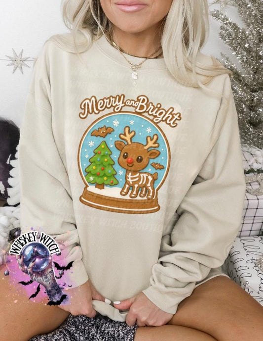 Merry and Bright Christmas Sweatshirt – Cute Reindeer Snow-Globe, Gingerbread Style Art, Cozy Unisex Holiday Graphic Tee
