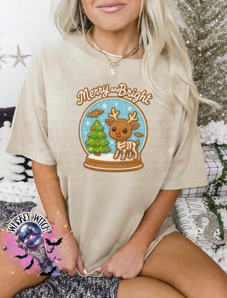 Merry and Bright Christmas Sweatshirt – Cute Reindeer Snow-Globe, Gingerbread Style Art, Cozy Unisex Holiday Graphic Tee