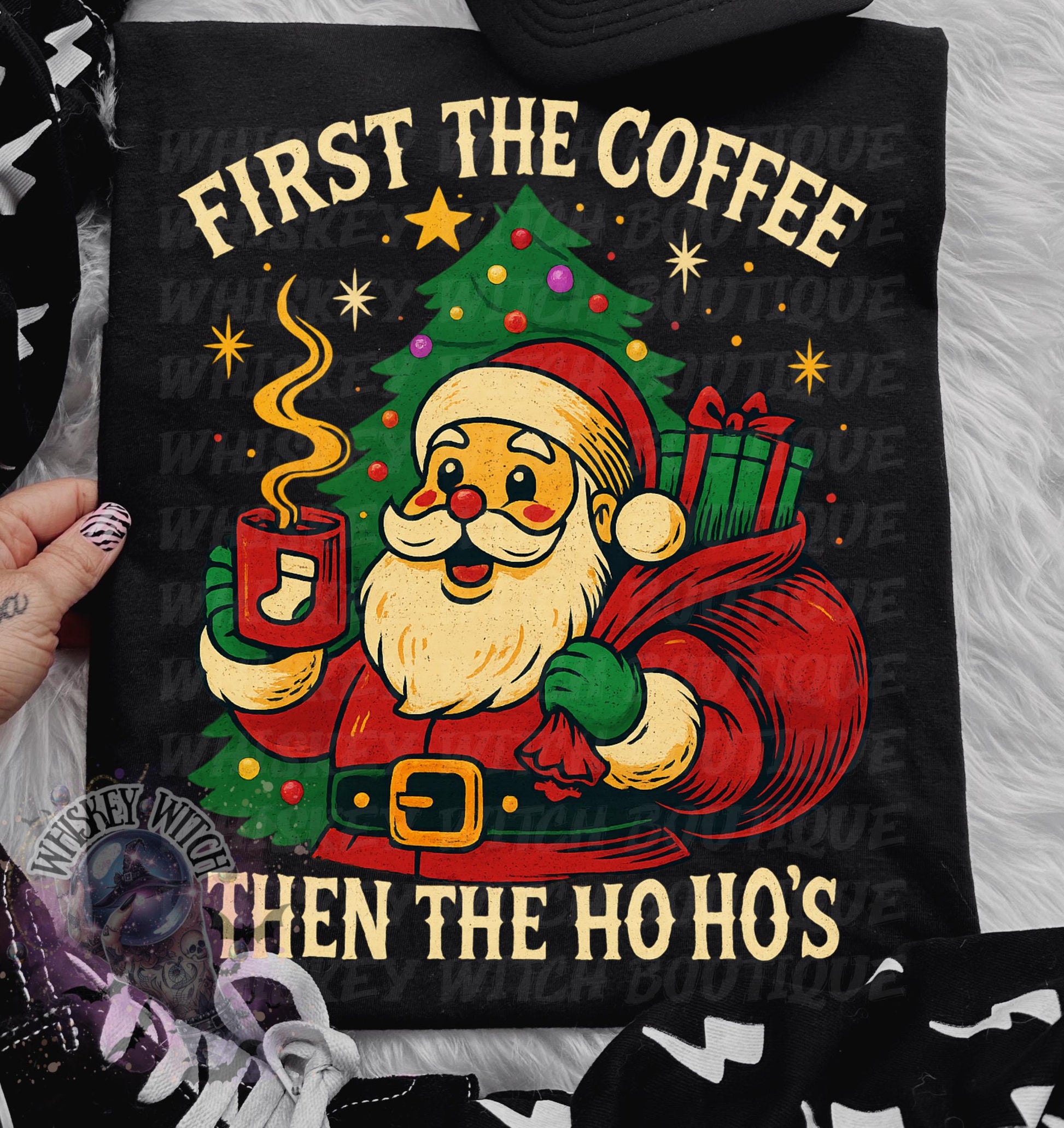 First the Coffee Then the Ho Ho’s Christmas Shirt | Funny Santa Holiday Tee | Retro Coffee Lover Sweatshirt | Caffeinated Christmas Shirt