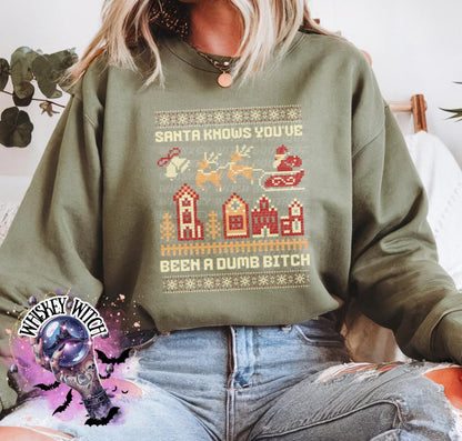 Santa Knows You’ve Been a Dumb B Christmas Shirt | Funny Ugly Sweater Sweatshirt | Adult Holiday Humor Tee | present and gift ideas