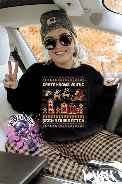 Santa Knows You’ve Been a Dumb B Christmas Shirt | Funny Ugly Sweater Sweatshirt | Adult Holiday Humor Tee | present and gift ideas