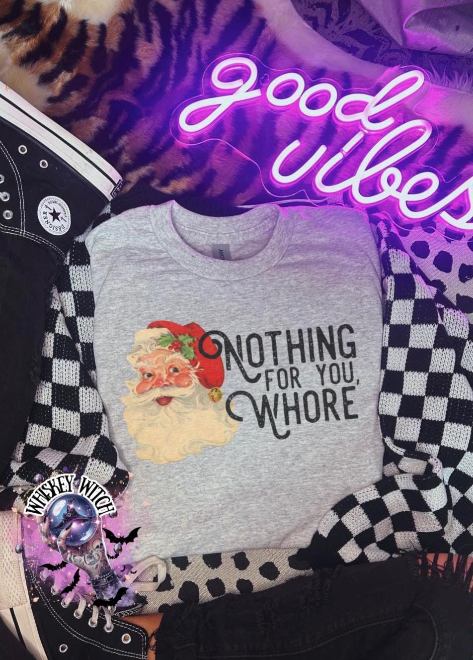 Naughty Santa vintage graphic on ash grey crewneck with censored adult phrase