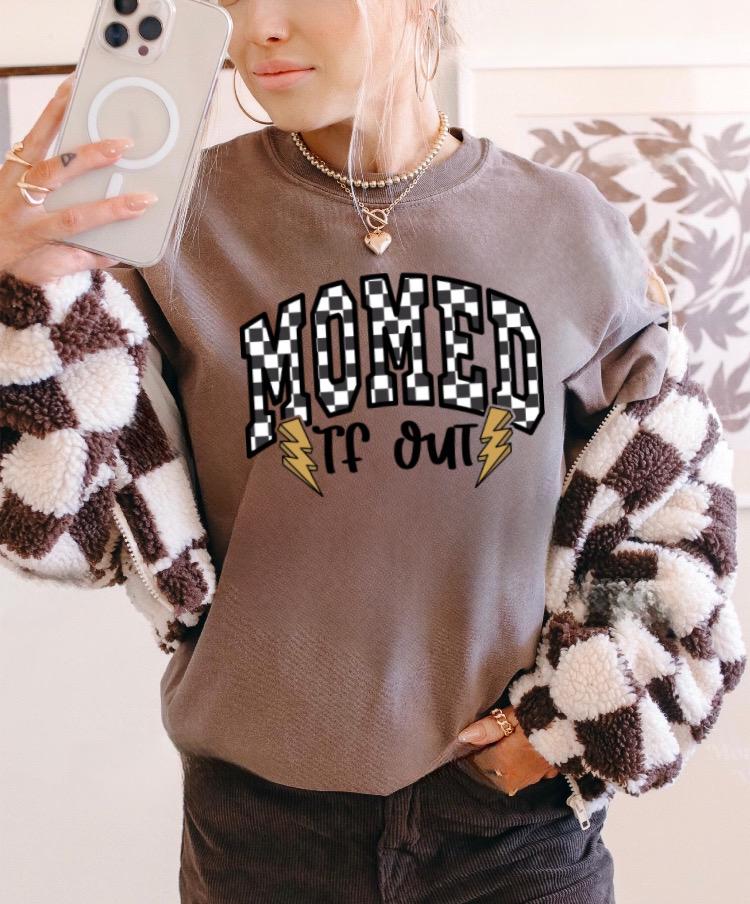 Momed TF Out Shirt | Funny Mom Life Graphic Tee | Retro Checkered Mom Shirt | Tired Mom Gift | Comfort Colors Ivory Tee | Whiskey Witch