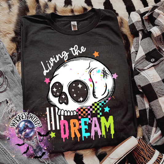 Living the Dream Skull Shirt, Pastel Goth Graphic Tee, Colorful Rainbow Drip Unisex T Shirt, Spooky Cute Alternative Aesthetic Top