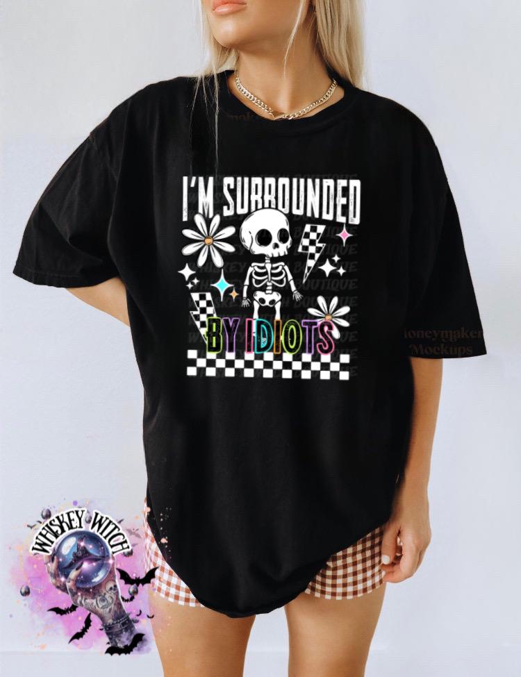 I’m Surrounded by Idiots Shirt, Funny Skeleton Graphic Tee, Retro Checkered Unisex T Shirt