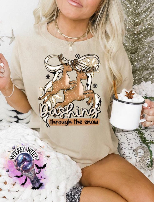 Cute Dashing Through the Snow Retro Reindeer Sweatshirt or T Shirt, Neutral Reindeer Christmas Top, Cozy Holiday Graphic Tee and Crewneck