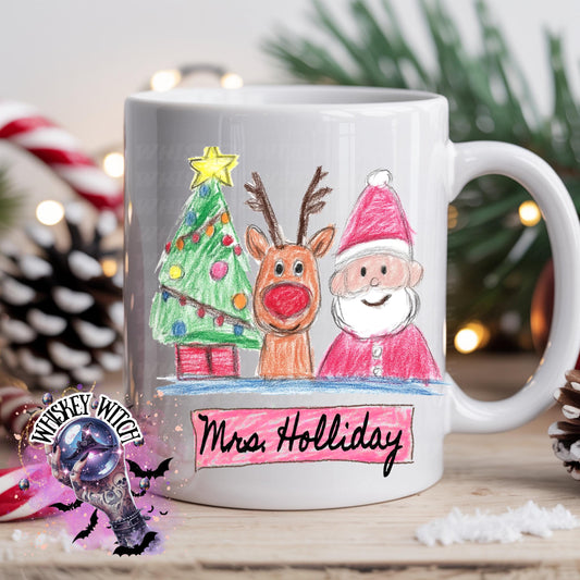 Cute Hand Drawn Christmas Mug with Name – Santa, Reindeer & Tree Gift idea for Mom or Teacher