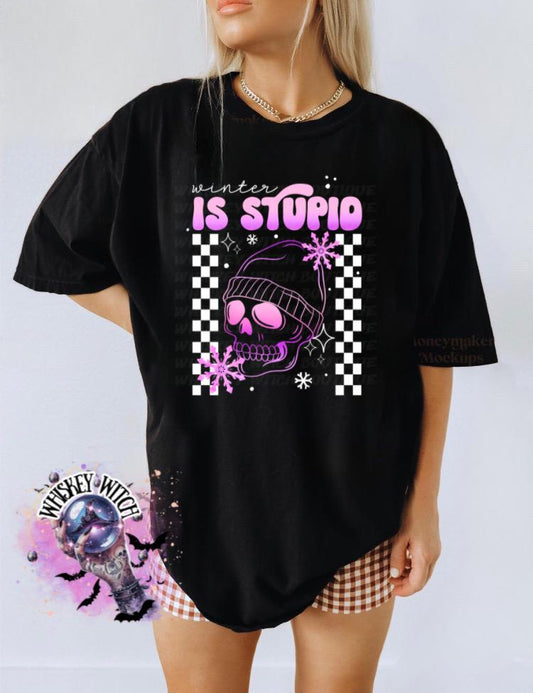 Winter Is Stupid Shirt • Pink Skull Checkered • Unisex Tee or Crewneck • Goth/Grunge Winter Graphic Anti-Winter