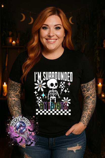 I’m Surrounded by Idiots Shirt, Funny Skeleton Graphic Tee, Retro Checkered Unisex T Shirt