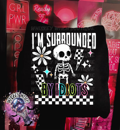 I’m Surrounded by Idiots Shirt, Funny Skeleton Graphic Tee, Retro Checkered Unisex T Shirt