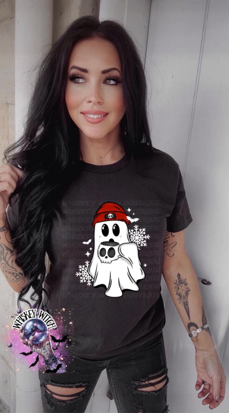 Winter Ghost Coffee Shirt, Spooky Cute Christmas T Shirt, Cozy Ghost with Skull Mug Tee, Creepmas Graphic Top