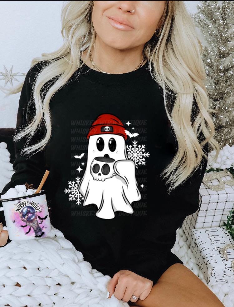 Winter Ghost Coffee Shirt, Spooky Cute Christmas T Shirt, Cozy Ghost with Skull Mug Tee, Creepmas Graphic Top
