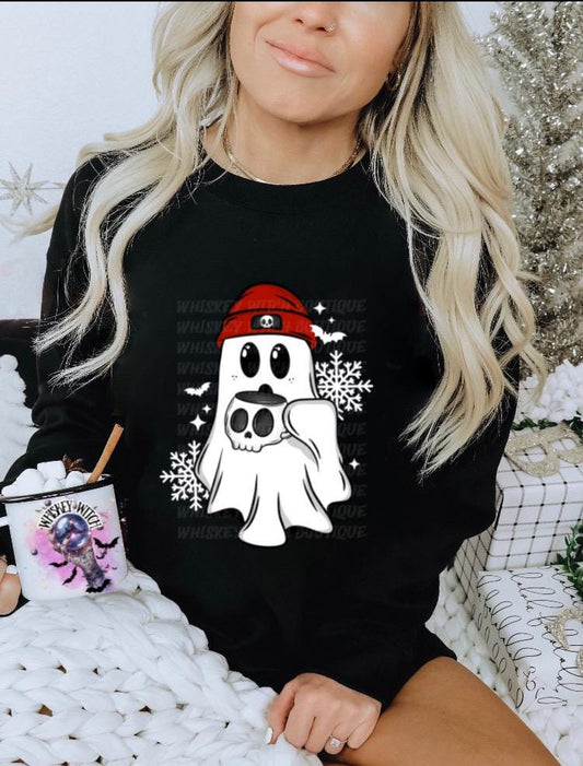 Winter Ghost Coffee Shirt, Spooky Cute Christmas T Shirt, Cozy Ghost with Skull Mug Tee, Creepmas Graphic Top