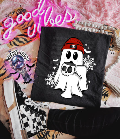 Winter Ghost Coffee Shirt, Spooky Cute Christmas T Shirt, Cozy Ghost with Skull Mug Tee, Creepmas Graphic Top