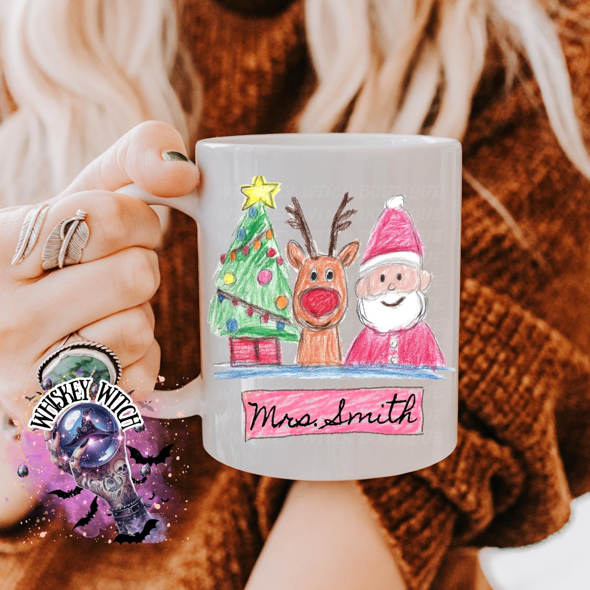 Cute Hand Drawn Christmas Mug with Name – Santa, Reindeer & Tree Gift idea for Mom or Teacher