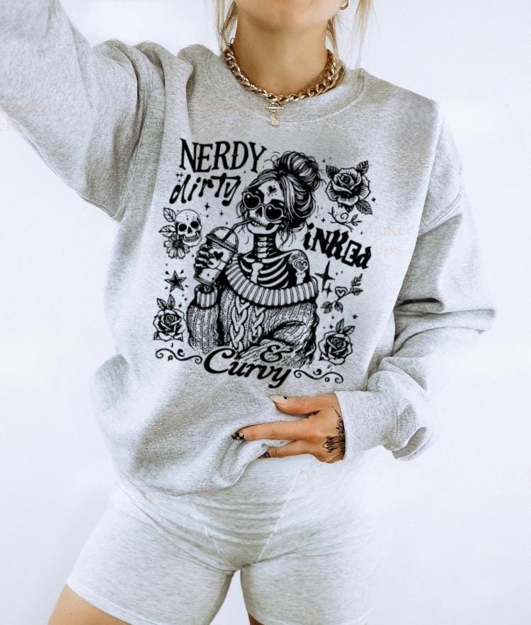 Body Positive Tattoo Shirt, Nerdy Dirty Inked Curvy Graphic Tee, funny alternative skeleton girl