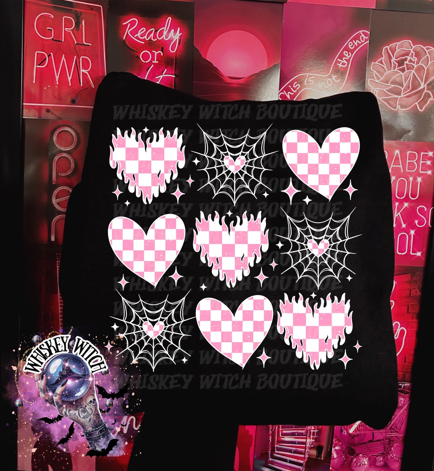 Valentine Goth Hearts Shirt, Pink Checkered Hearts & Spiderweb Graphic Tee, Witchy Cute Cupid Shirt, Trendy Alt Valentine Top, Gift for Her