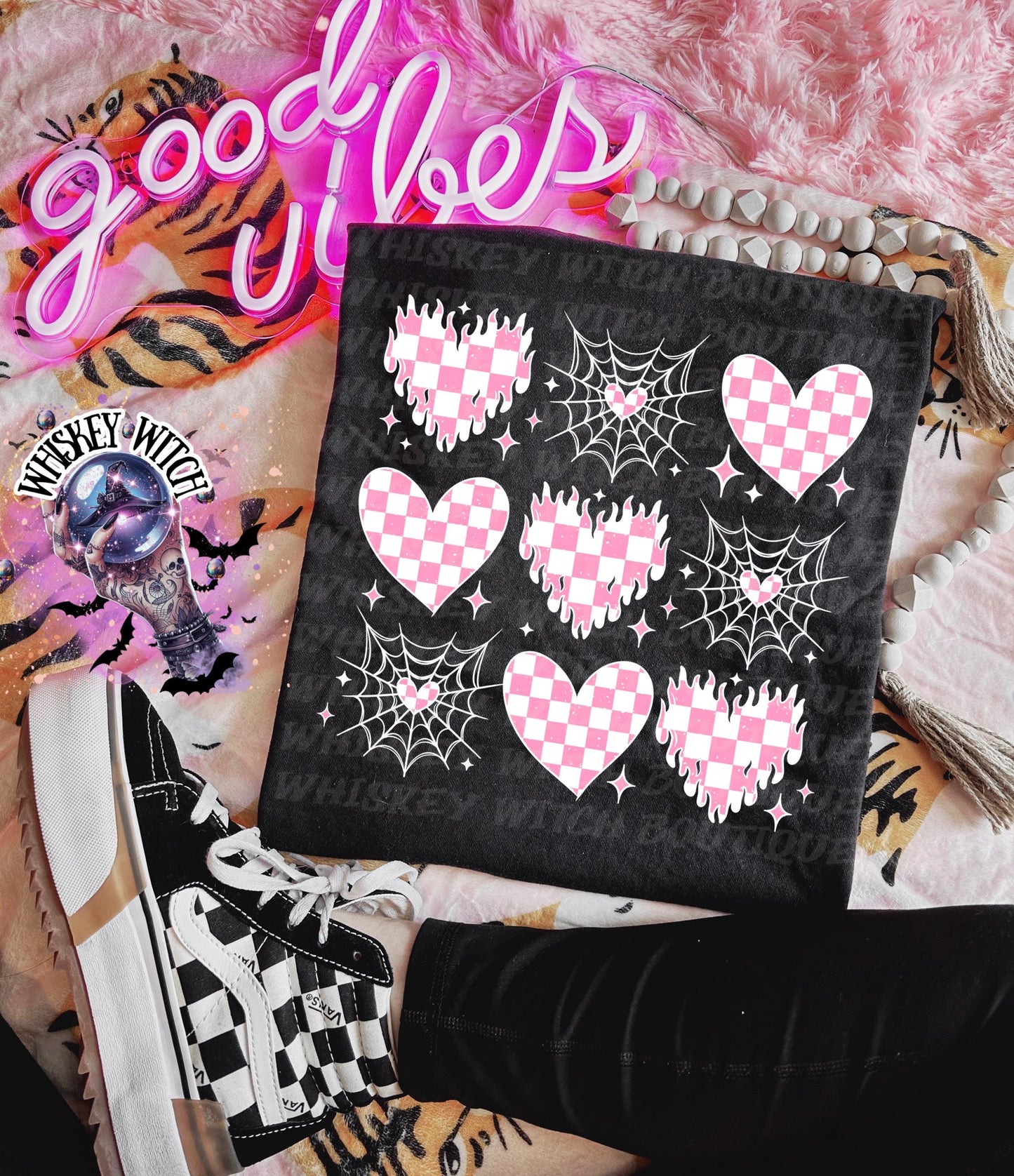 Valentine Goth Hearts Shirt, Pink Checkered Hearts & Spiderweb Graphic Tee, Witchy Cute Cupid Shirt, Trendy Alt Valentine Top, Gift for Her
