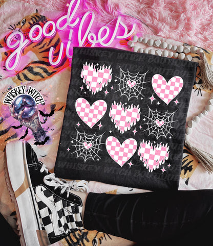 Valentine Goth Hearts Shirt, Pink Checkered Hearts & Spiderweb Graphic Tee, Witchy Cute Cupid Shirt, Trendy Alt Valentine Top, Gift for Her