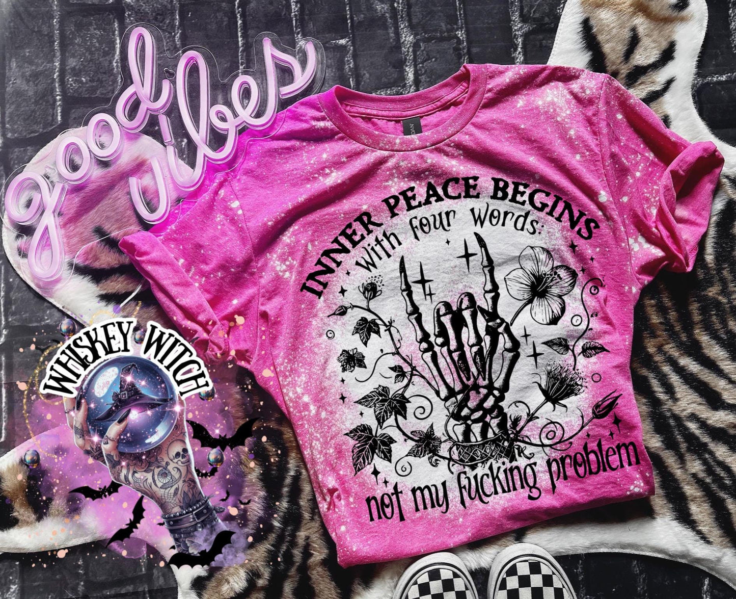 Inner Peace Begins Not My Problem Shirt, Bleached Sublimation Tee, Witchy Skeleton Hand Graphic, Funny Sarcastic Goth Shirt, Gildan Bleached