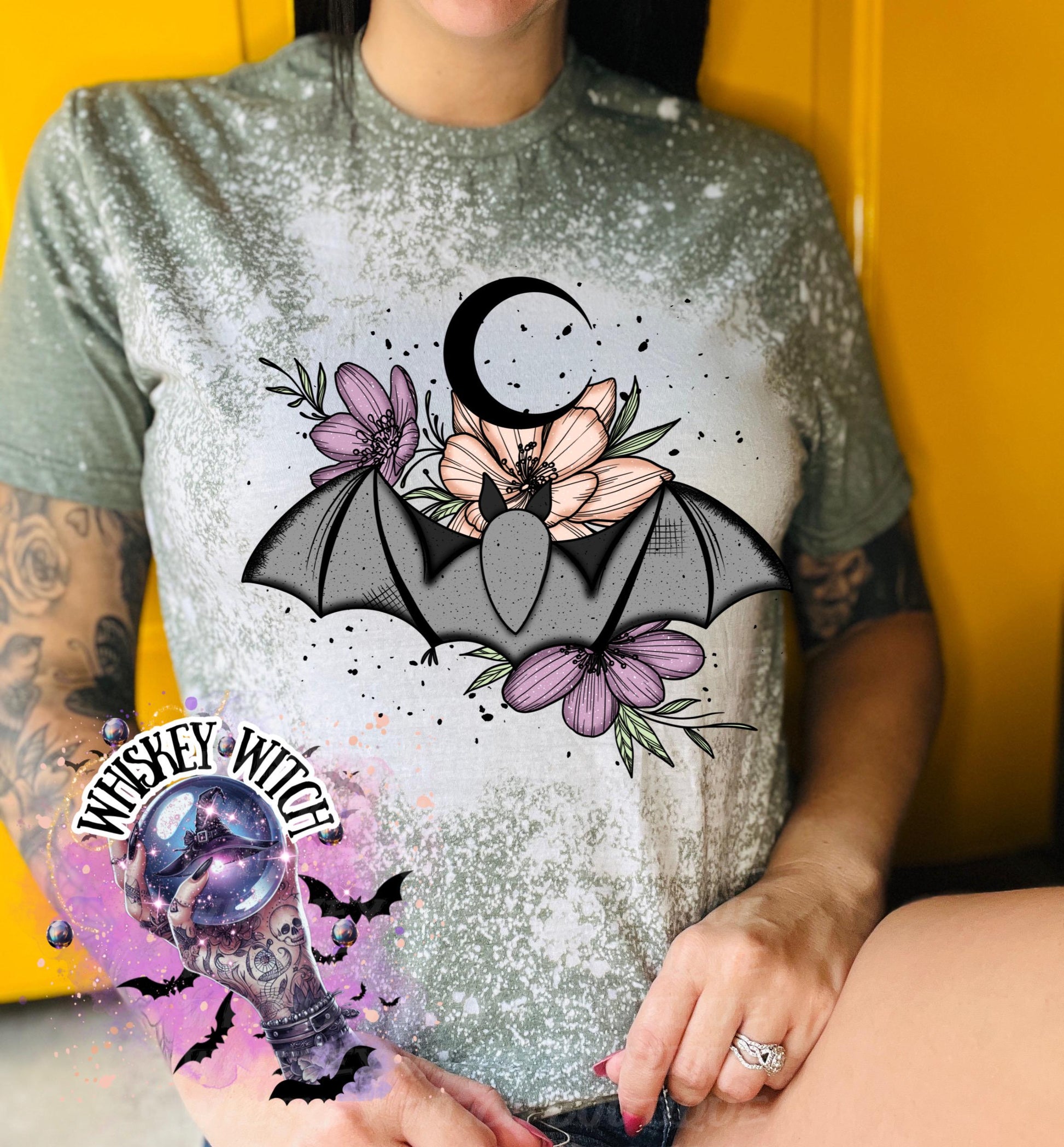 Floral Bat Bleached T-Shirt, Gothic Botanical Moon Tee, Witchy Top