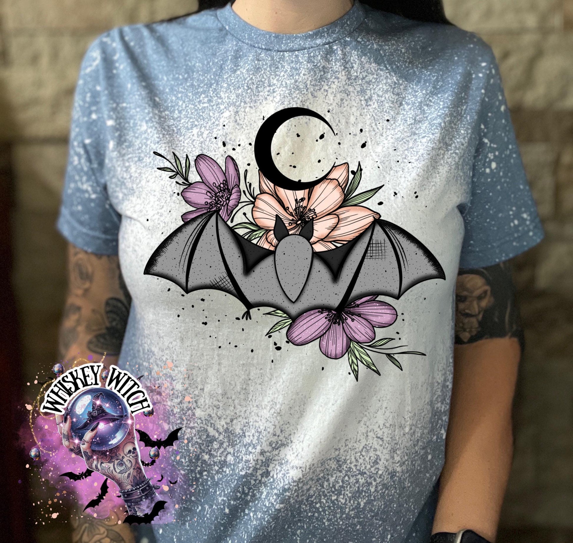 Floral Bat Bleached T-Shirt, Gothic Botanical Moon Tee, Witchy Top