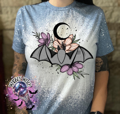 Floral Bat Bleached T-Shirt, Gothic Botanical Moon Tee, Witchy Top