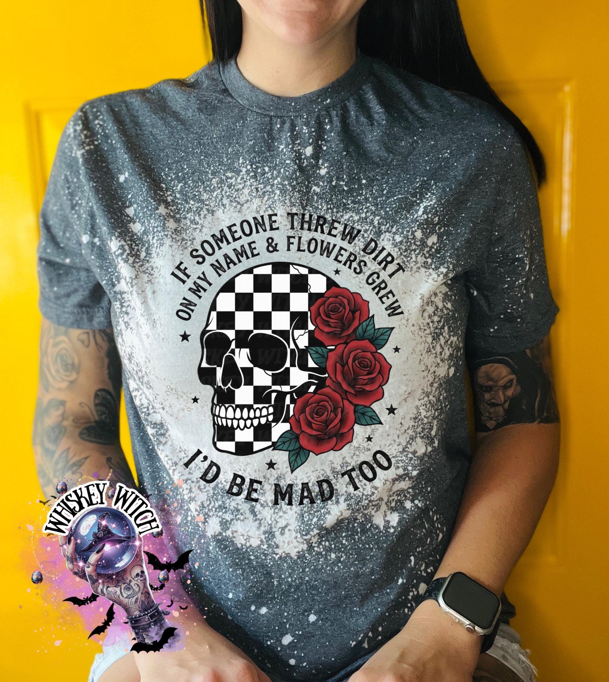 Bleached tattoo style Checkerboard Skull Rose Tee, Gothic Quote Shirt, Handmade Distressed Graphic T-Shirt