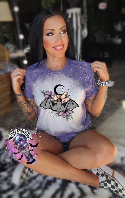 Floral Bat Bleached T-Shirt, Gothic Botanical Moon Tee, Witchy Top