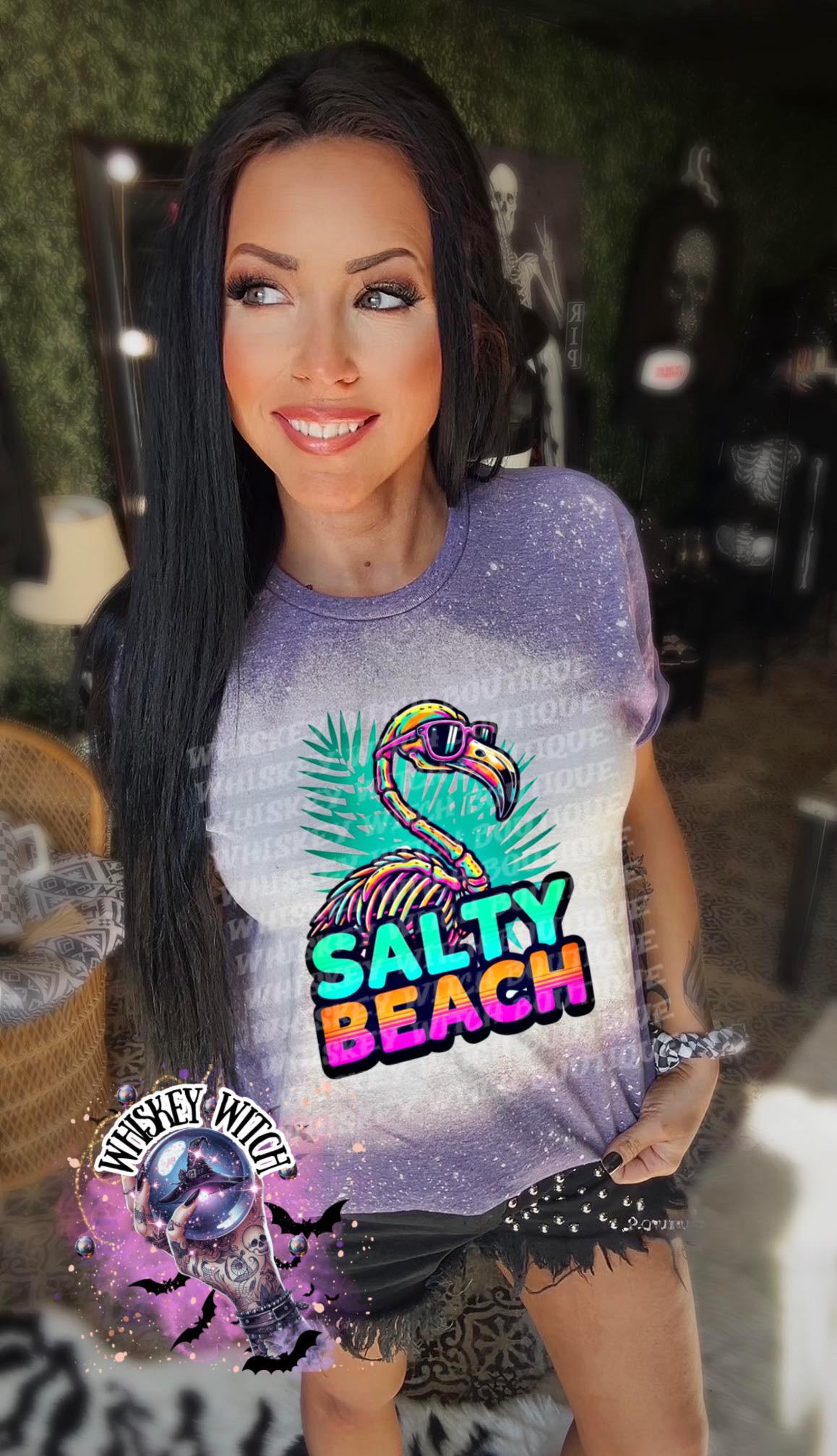 Salty Beach Shirt, Skeleton Flamingo Tee, Spooky Summer Graphic T-Shirt, Beach Goth Handmade Top