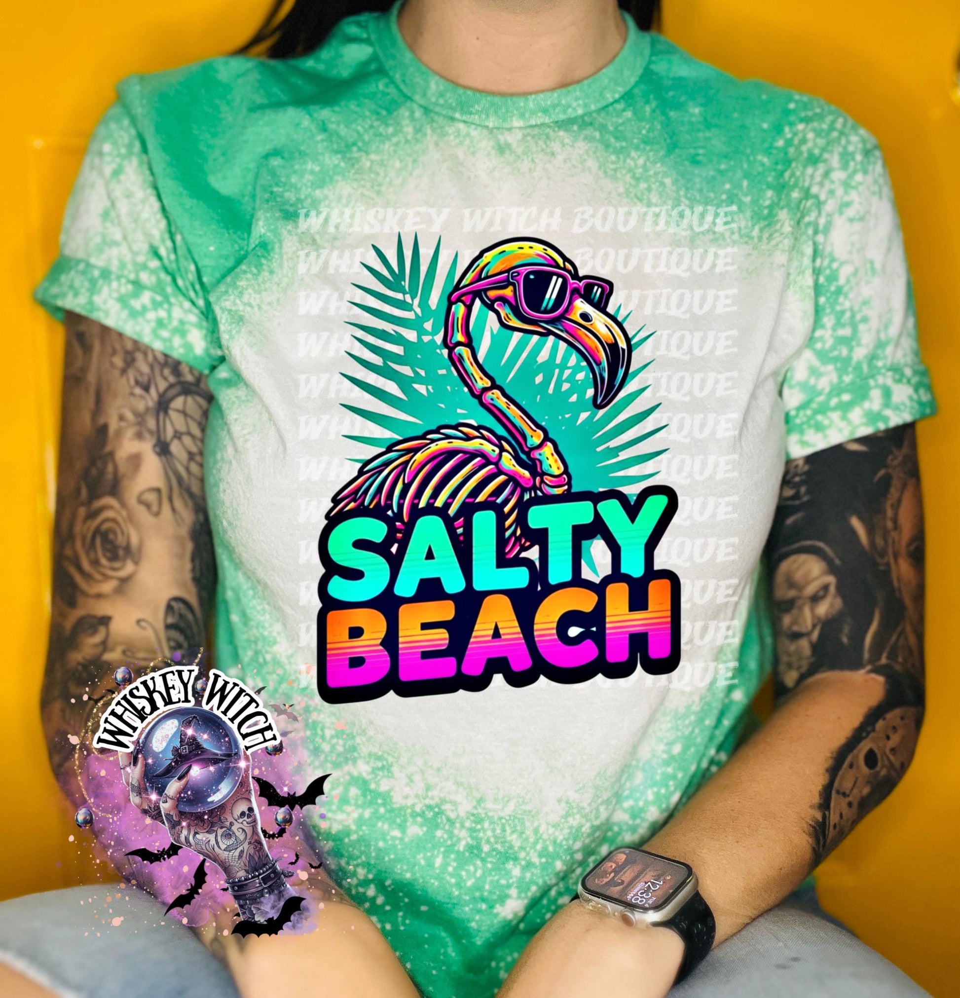 Salty Beach Shirt, Skeleton Flamingo Tee, Spooky Summer Graphic T-Shirt, Beach Goth Handmade Top