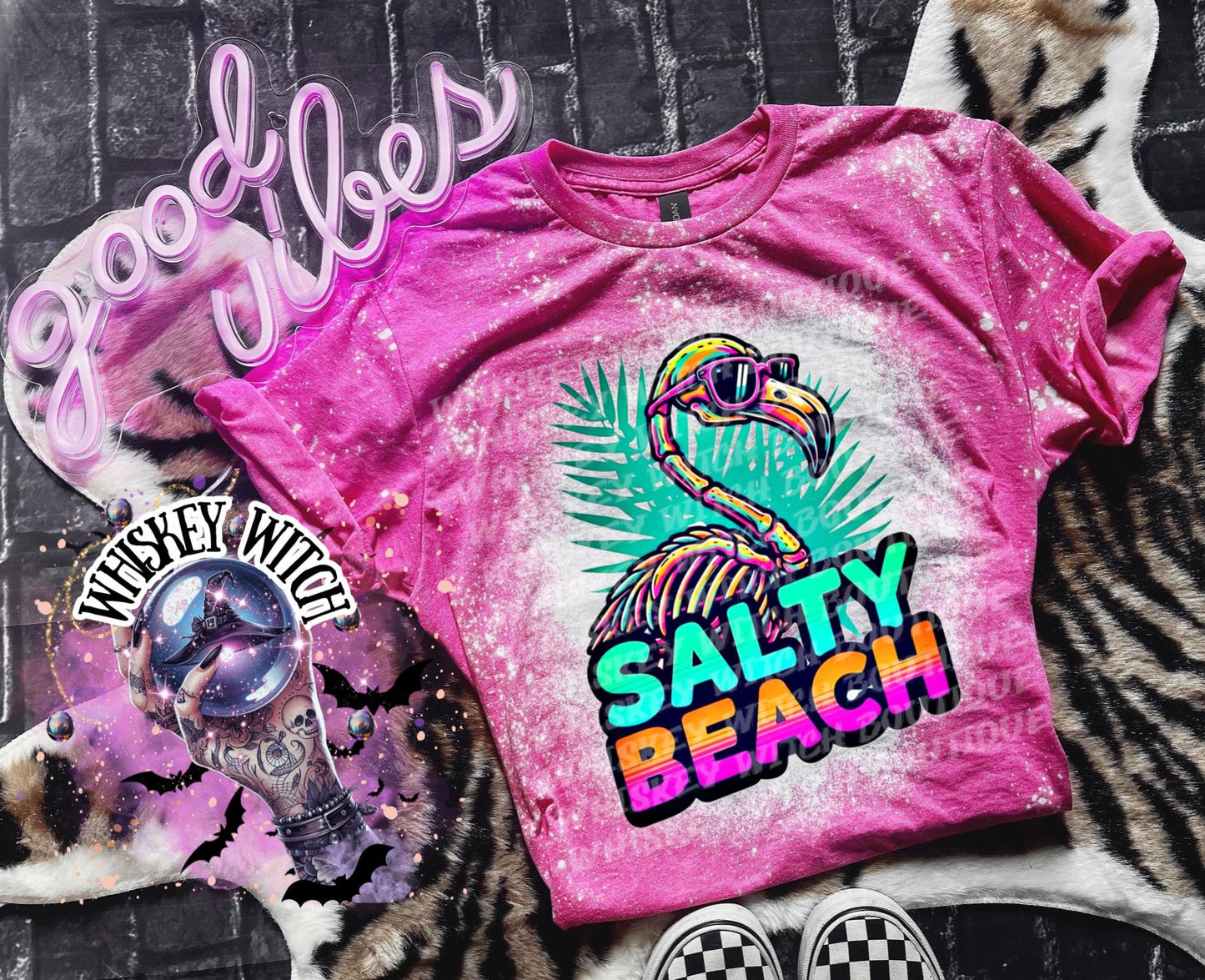 Salty Beach Shirt, Skeleton Flamingo Tee, Spooky Summer Graphic T-Shirt, Beach Goth Handmade Top