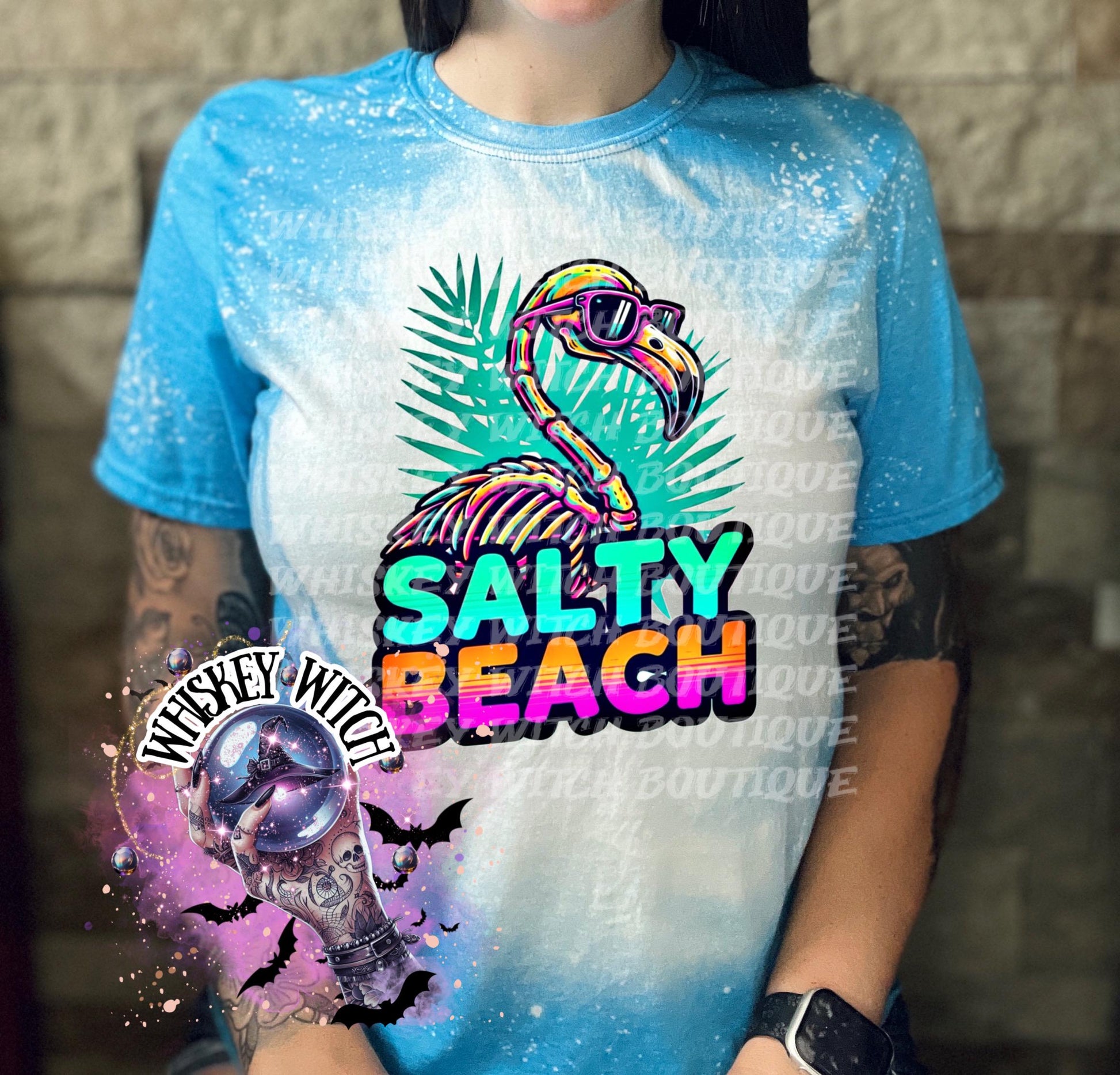 Salty Beach Shirt, Skeleton Flamingo Tee, Spooky Summer Graphic T-Shirt, Beach Goth Handmade Top
