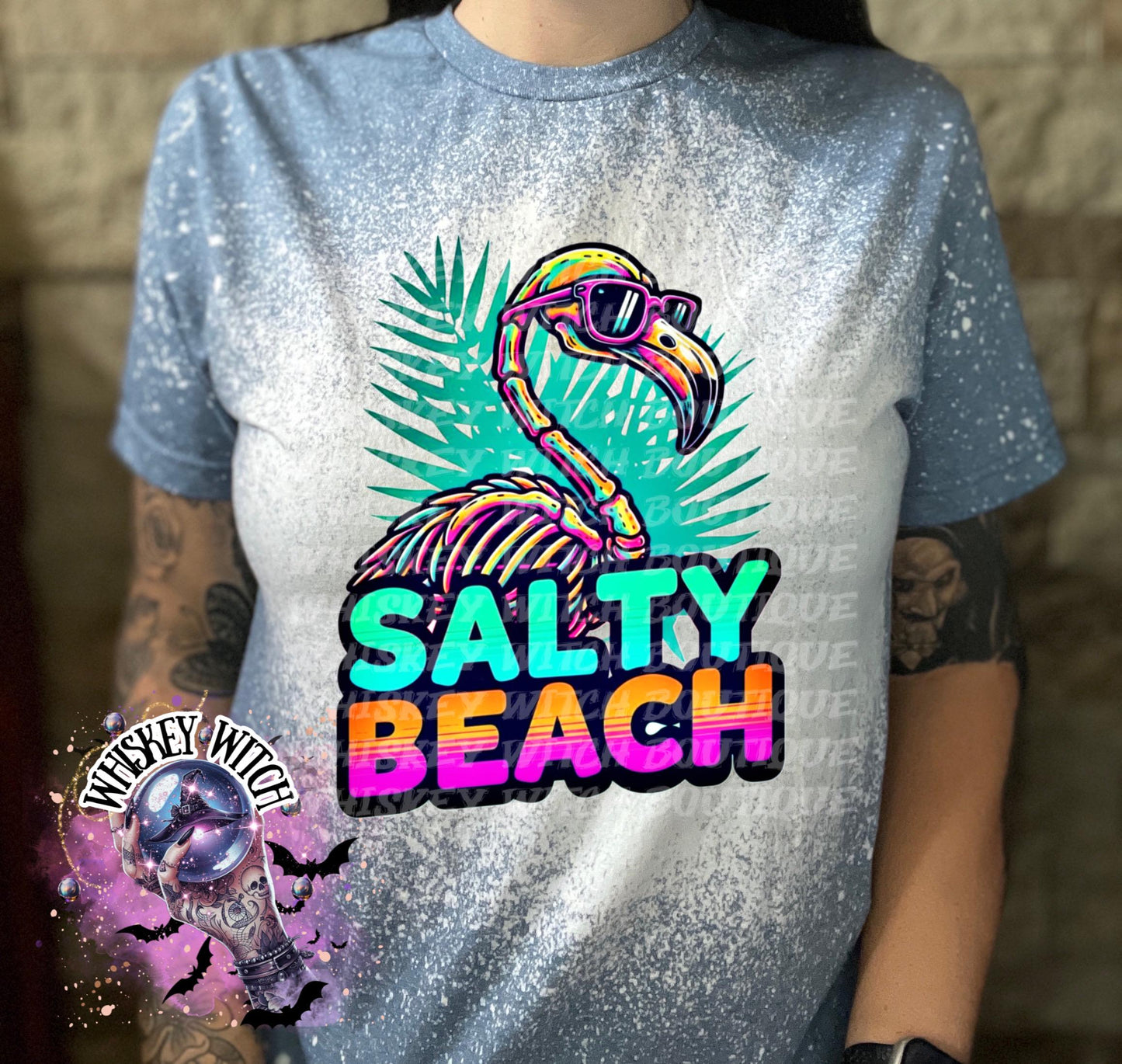 Salty Beach Shirt, Skeleton Flamingo Tee, Spooky Summer Graphic T-Shirt, Beach Goth Handmade Top