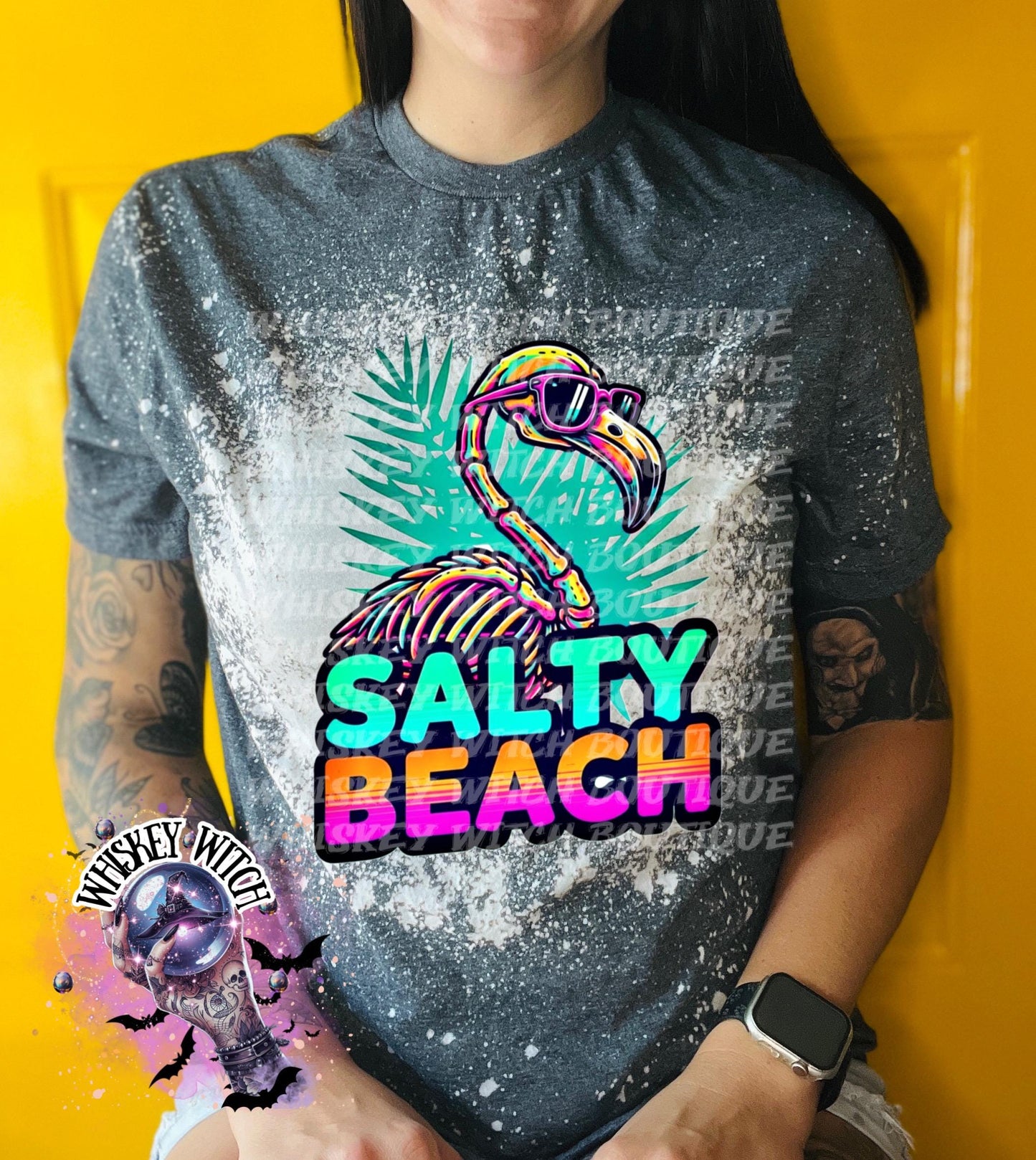 Salty Beach Shirt, Skeleton Flamingo Tee, Spooky Summer Graphic T-Shirt, Beach Goth Handmade Top