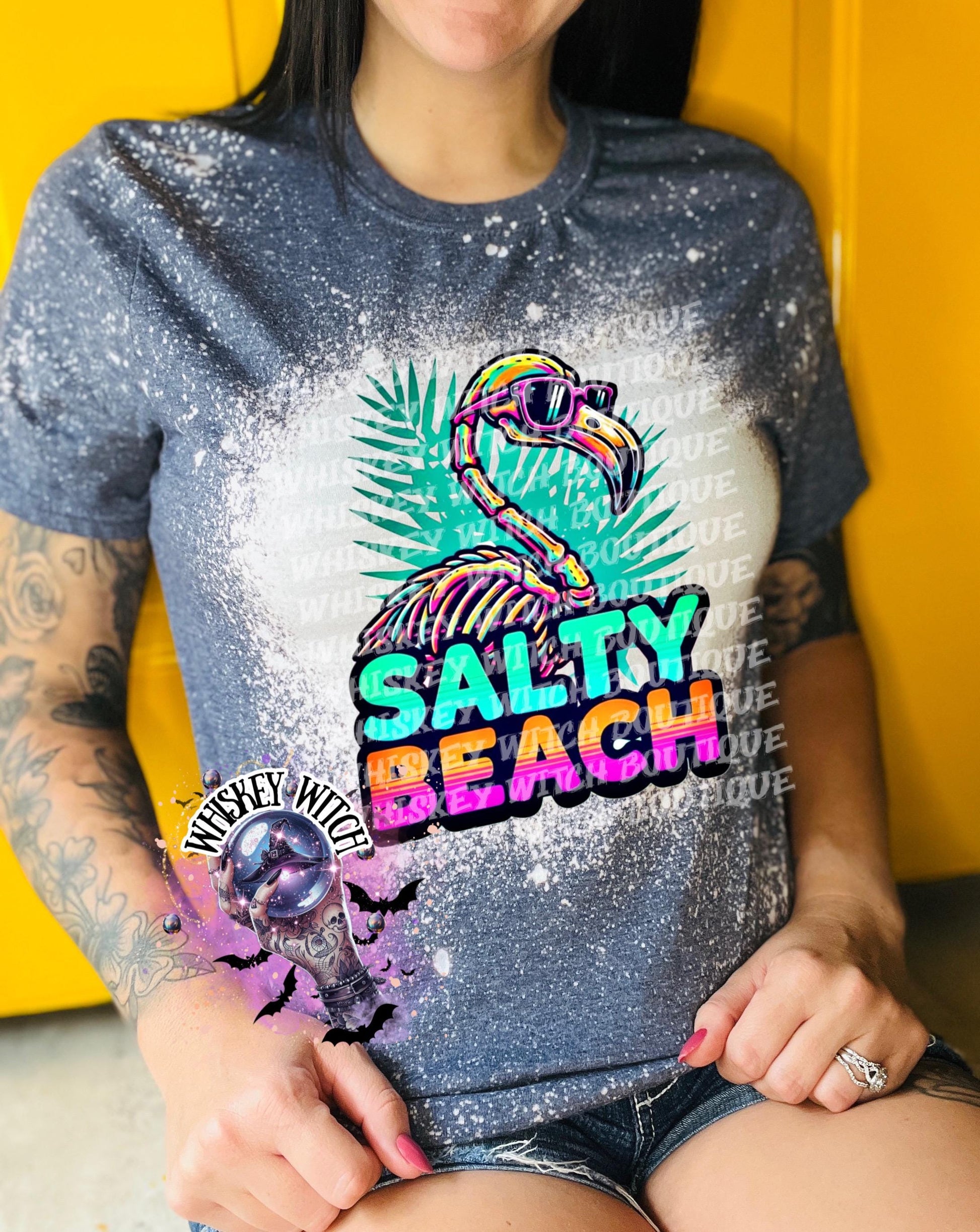 Salty Beach Shirt, Skeleton Flamingo Tee, Spooky Summer Graphic T-Shirt, Beach Goth Handmade Top