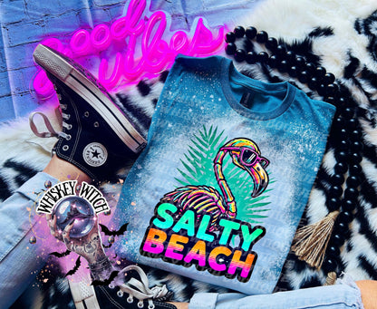 Salty Beach Shirt, Skeleton Flamingo Tee, Spooky Summer Graphic T-Shirt, Beach Goth Handmade Top