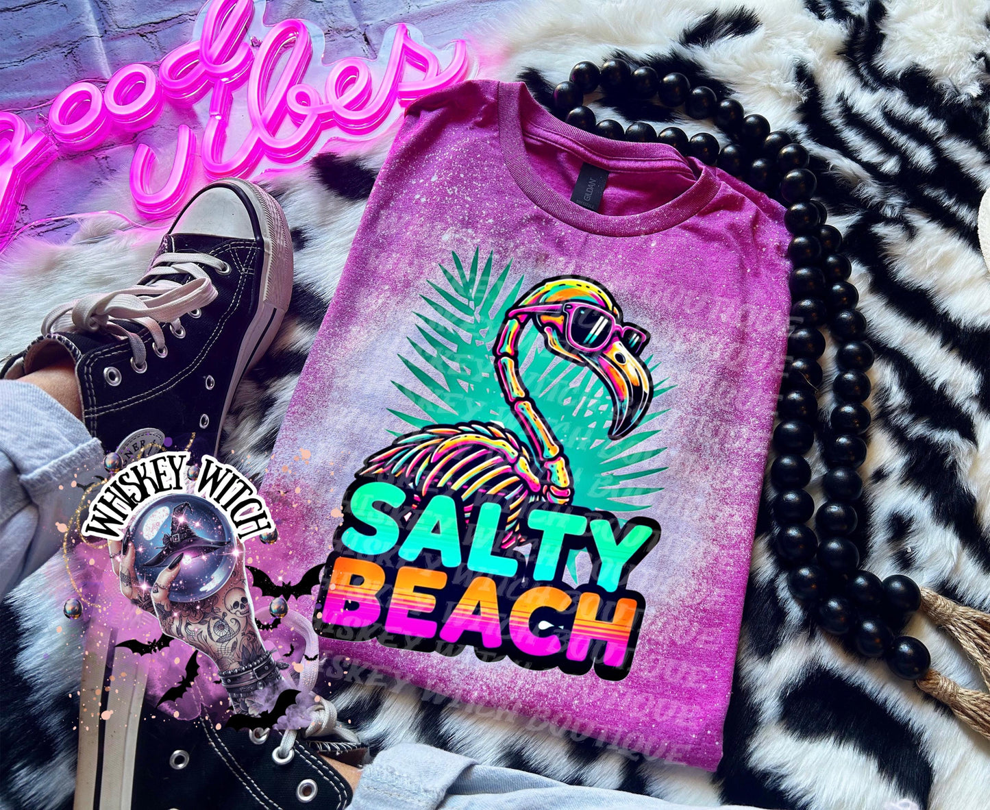 Salty Beach Shirt, Skeleton Flamingo Tee, Spooky Summer Graphic T-Shirt, Beach Goth Handmade Top