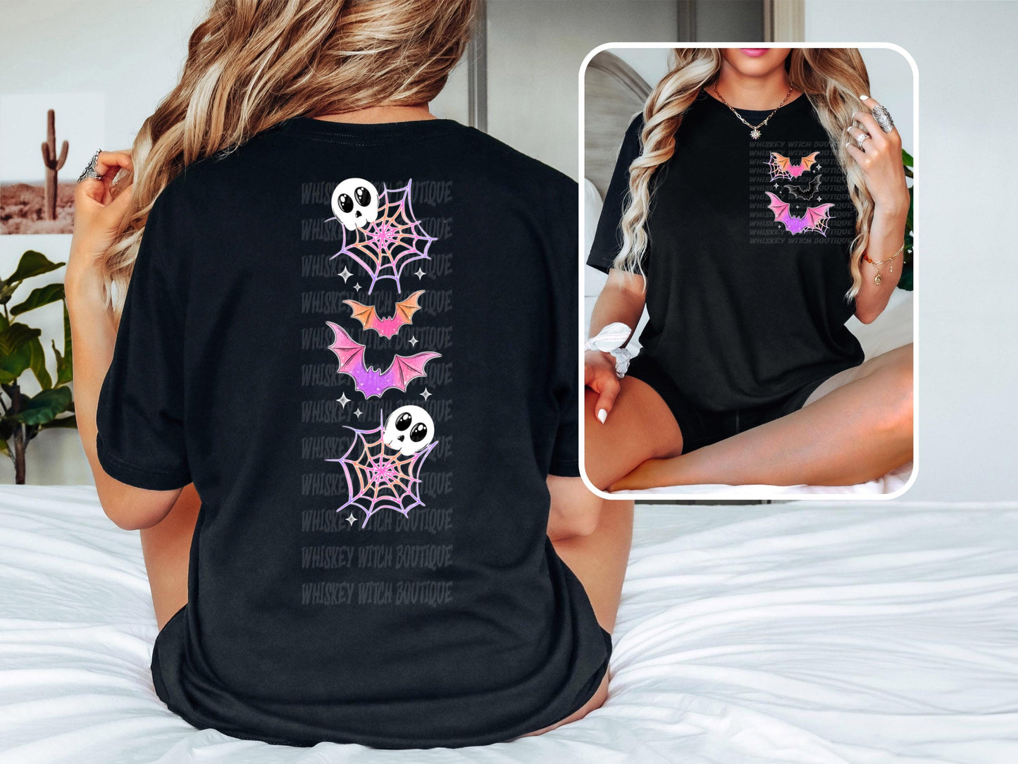 Spooky Summer T Shirt, Black Bat Ghost Graphic Tee with Front and Back Print