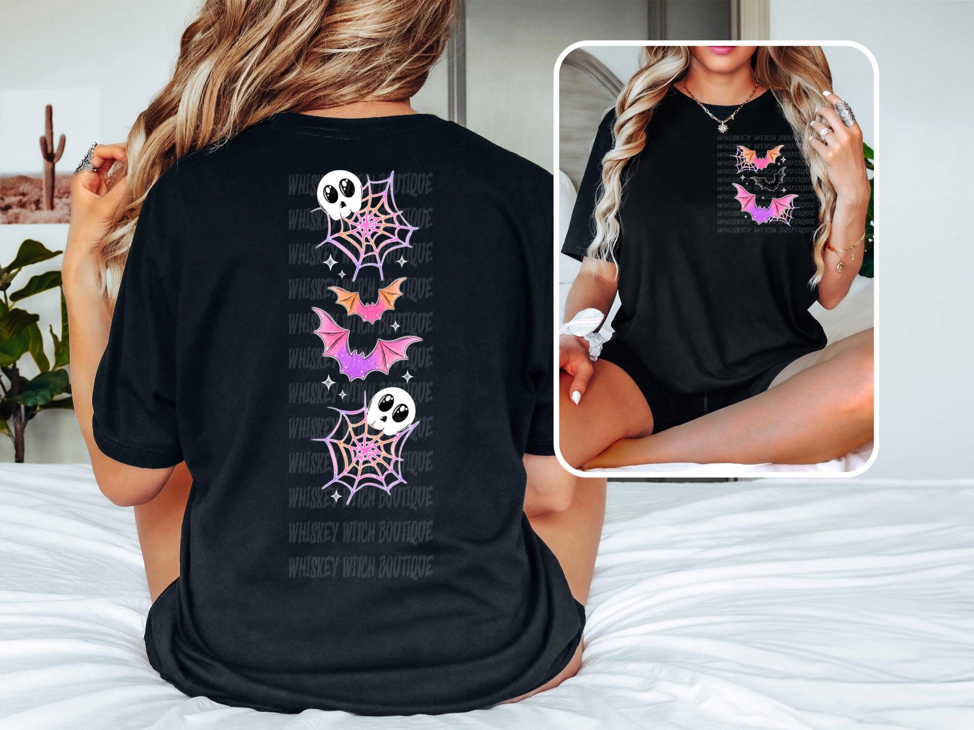 Spooky Summer T Shirt, Black Bat Ghost Graphic Tee with Front and Back Print