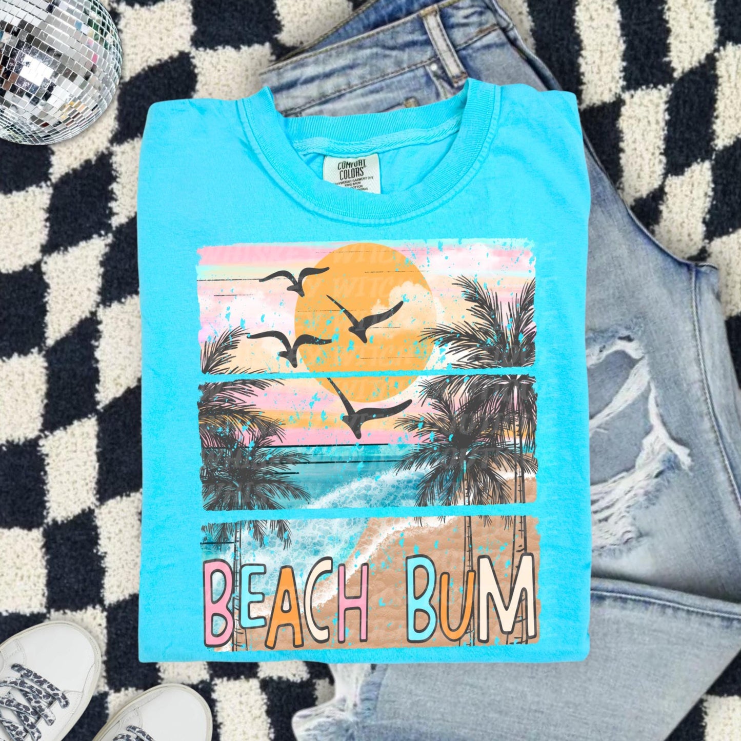 Beach Bum Shirt, Coral Comfort Colors Tee With Retro Ocean Sunset