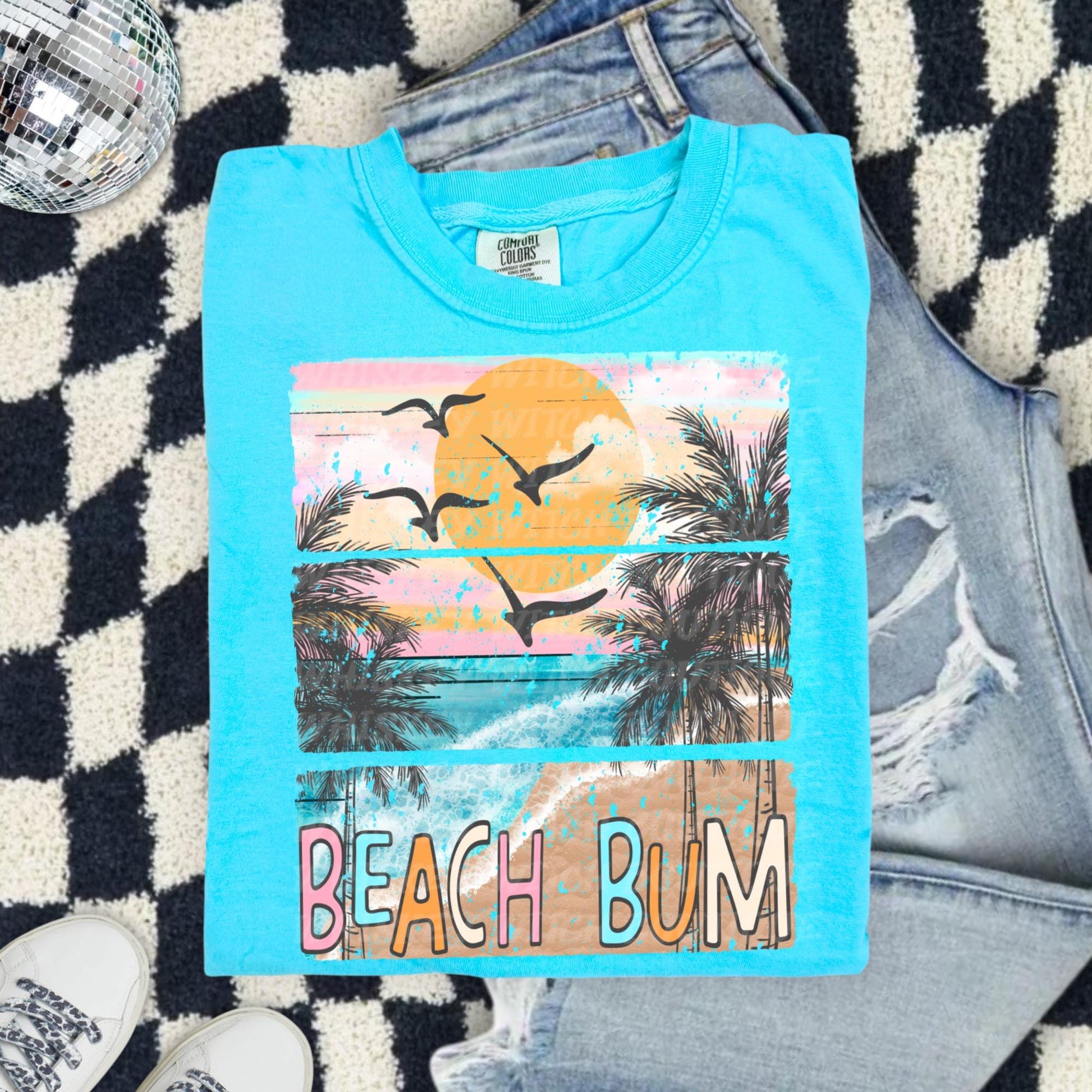 Beach Bum Shirt, Coral Comfort Colors Tee With Retro Ocean Sunset