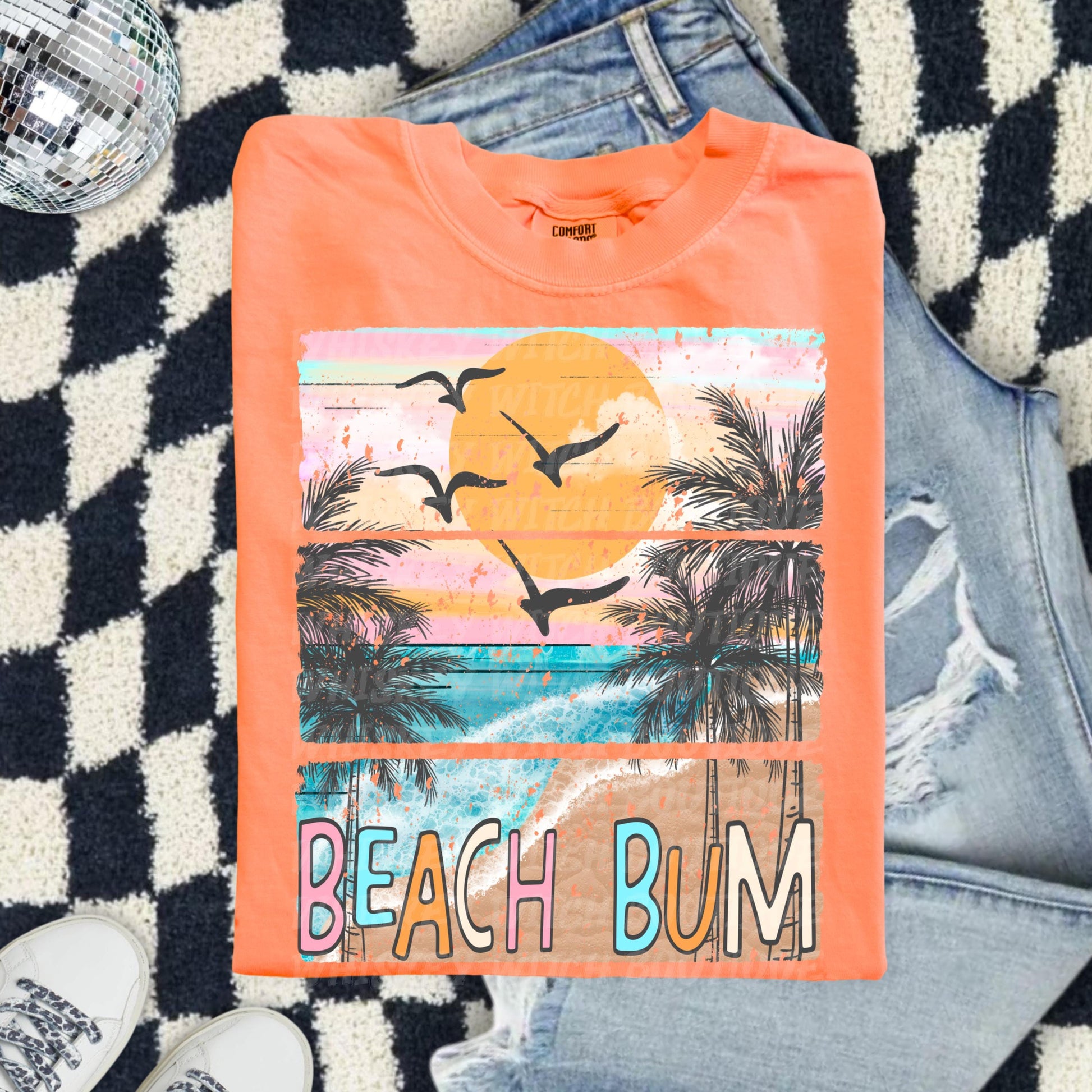Beach Bum Shirt, Coral Comfort Colors Tee With Retro Ocean Sunset