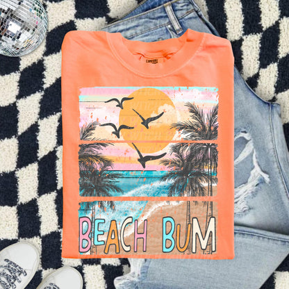 Beach Bum Shirt, Coral Comfort Colors Tee With Retro Ocean Sunset