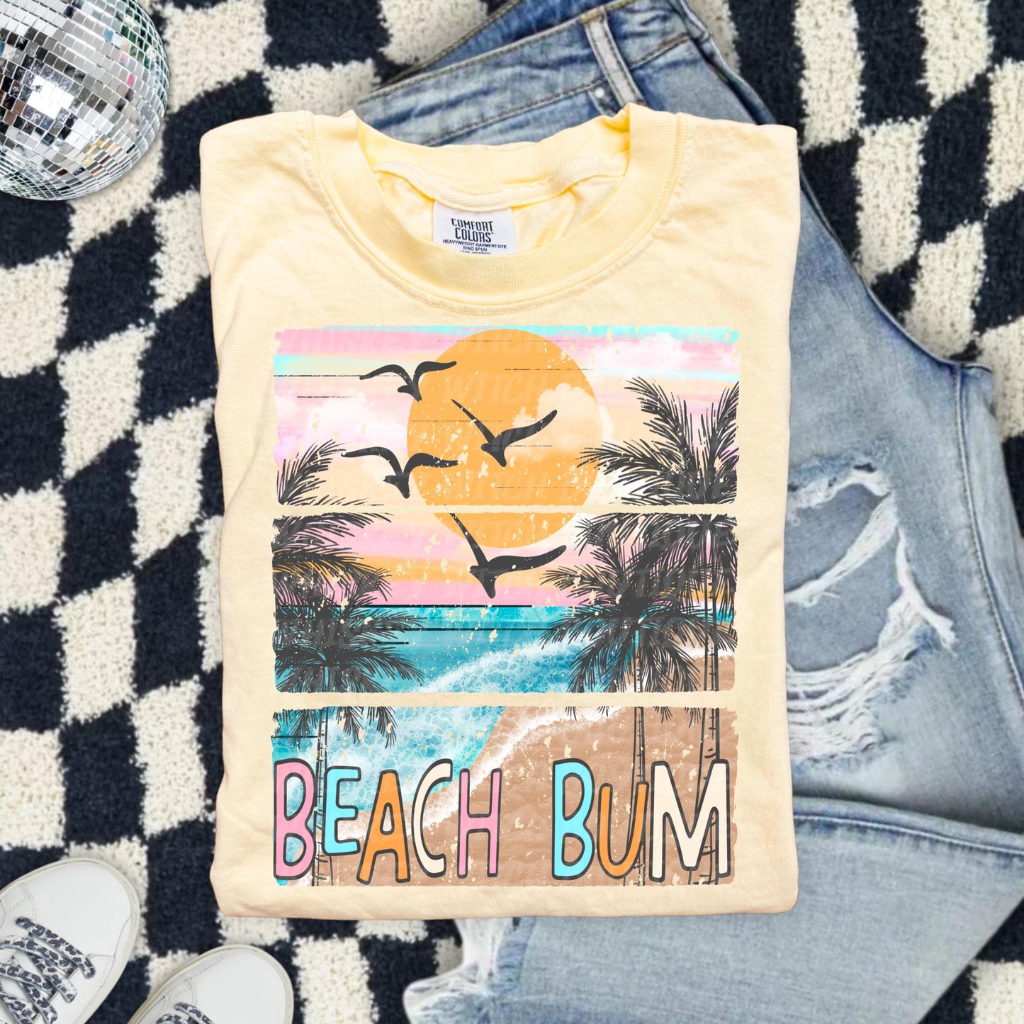 Beach Bum Shirt, Coral Comfort Colors Tee With Retro Ocean Sunset
