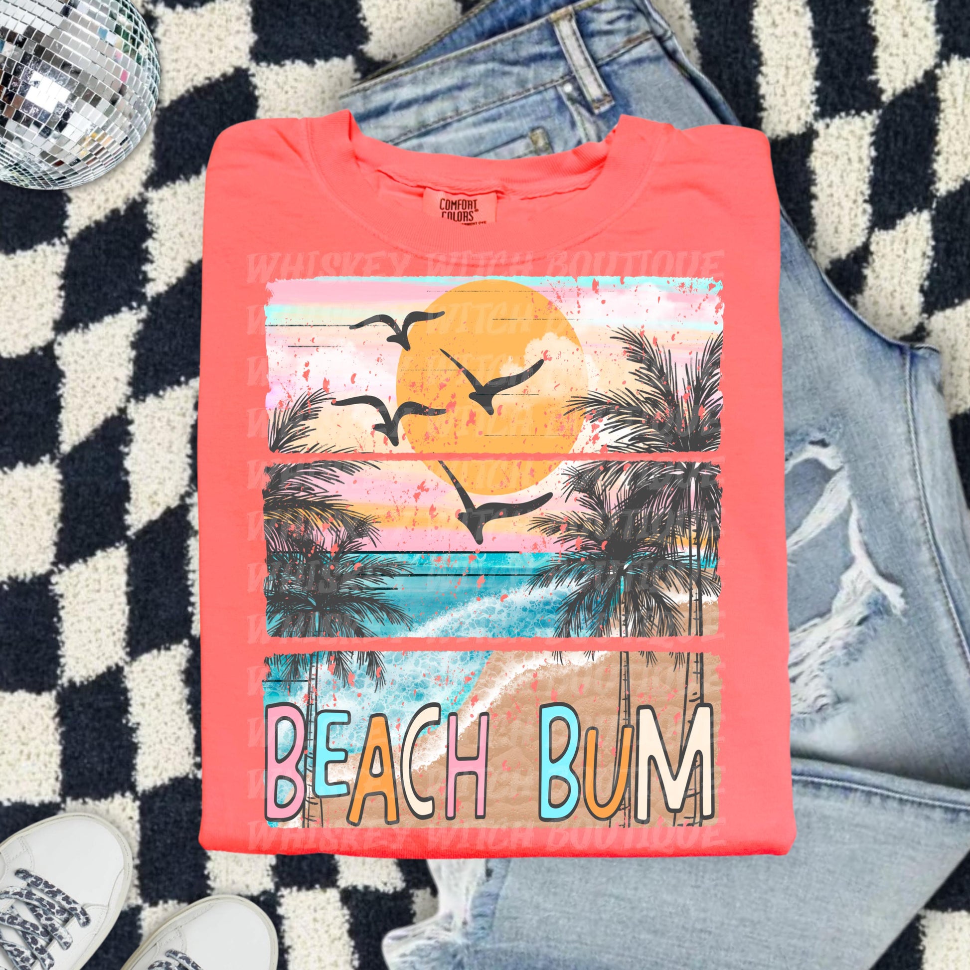 Beach Bum Shirt, Coral Comfort Colors Tee With Retro Ocean Sunset